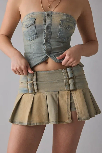 Bdg Double Trouble Belted Denim Micro Mini Skort In Gasolina, Women's At Urban Outfitters In Multi