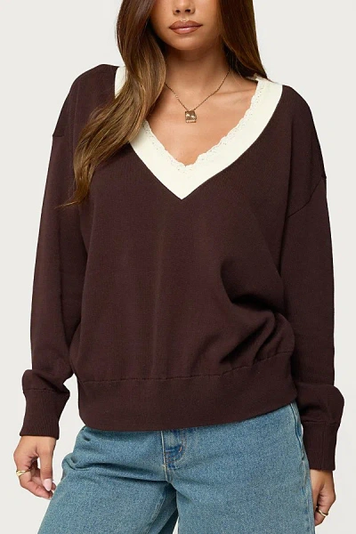 Edikted Marie Lace Contrast Cotton V-neck Sweater In Brown
