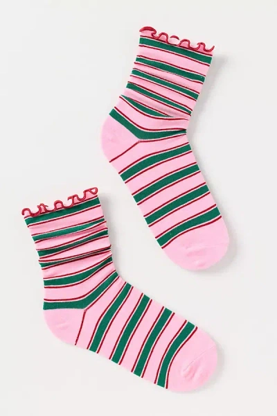 By Anthropologie Ruffle Stripe Crew Socks In Pink