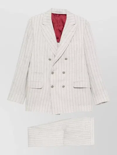 Brunello Cucinelli Striped Linen Double-breasted Suit Jacket In White
