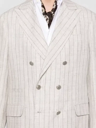 Brunello Cucinelli Striped Linen Double-breasted Suit Jacket In White