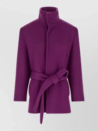 Saint Laurent Wool Coat With Belted Waist And High Collar In Purple