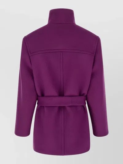 Saint Laurent Wool Coat With Belted Waist And High Collar In Purple