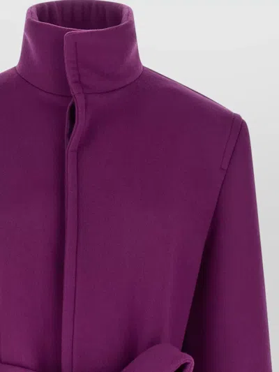 Saint Laurent Wool Coat With Belted Waist And High Collar In Purple