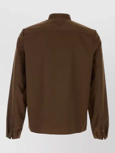 Prada Long Sleeve Poplin Shirt With Chest Pocket In Brown