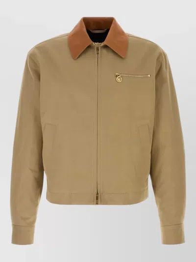 Versace Beige Jacket With Leather Collar And Metallic Medusa Head Detail In Cotton Canvas Man In Brown