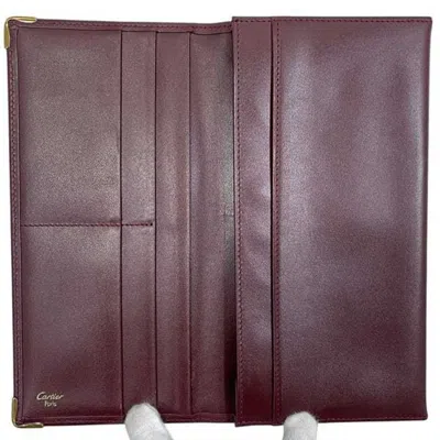 Pre-owned Cartier Bordeaux Wine Red Leather Long Wallet (bi-fold) () In Burgundy