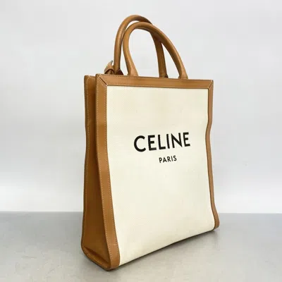 Pre-owned Celine Light Brown White Canvas Leather Tote Bag ()