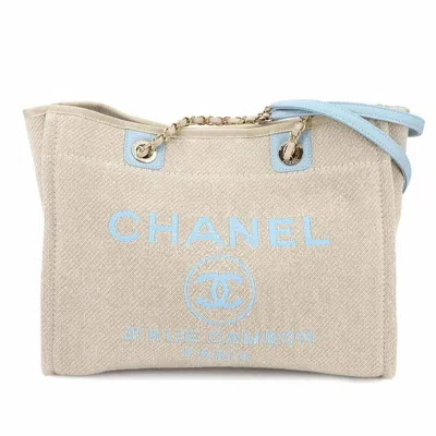 Pre-owned Chanel Beige Blue Canvas Leather Tote Bag ()