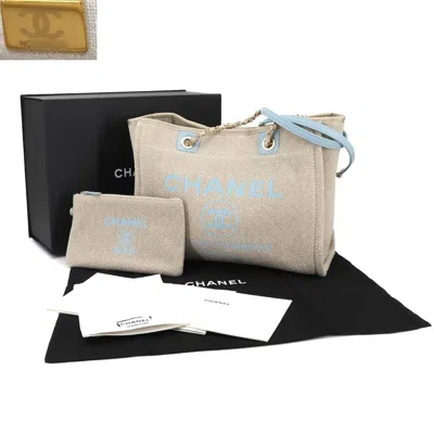 Pre-owned Chanel Beige Blue Canvas Leather Tote Bag ()