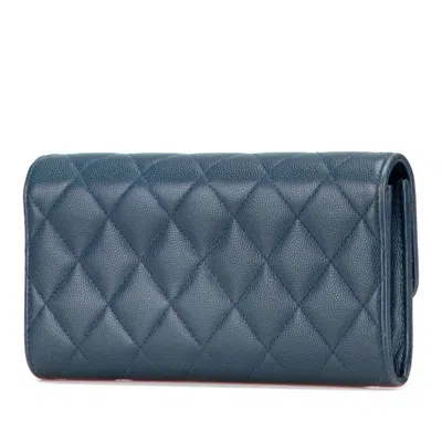 Pre-owned Chanel Blue Grained Calfskin Long Wallet (bi-fold) ()
