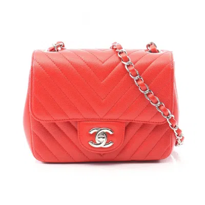 Pre-owned Chanel Chevron (v Stitch) Red Color Grained Calfskin Shoulder Bag ()