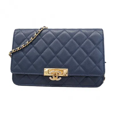 Pre-owned Chanel Navy Grained Calfskin Chain/shoulder Wallet () In Blue
