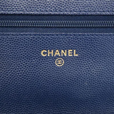 Pre-owned Chanel Navy Grained Calfskin Chain/shoulder Wallet () In Blue