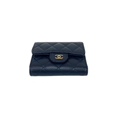 Pre-owned Chanel Navy Grained Calfskin Wallet (tri-fold) () In Blue