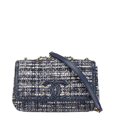 Pre-owned Chanel Navy Tweed Leather Shoulder Bag () In Blue