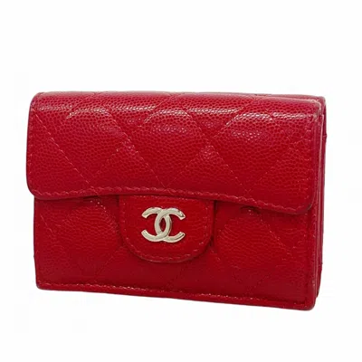 Pre-owned Chanel Red Color Grained Calfskin Wallet (tri-fold) ()