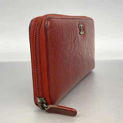 Pre-owned Chanel Red Color Leather Long Wallet (bi-fold) ()
