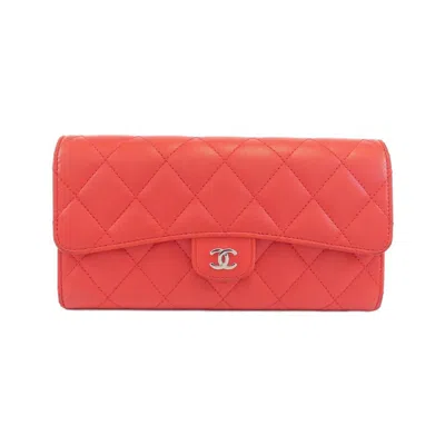 Pre-owned Chanel Red Color Leather Long Wallet (bi-fold) ()