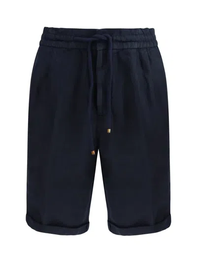 Brunello Cucinelli Garment Dyed Linen Gabardine Bermuda Shorts With Drawstring And Darts In Blue