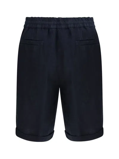 Brunello Cucinelli Garment Dyed Linen Gabardine Bermuda Shorts With Drawstring And Darts In Blue