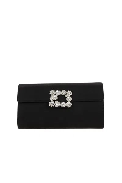 Roger Vivier Satin Efflorescence Envelope Clutch Bag In Black