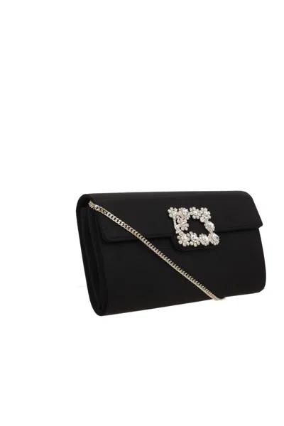Roger Vivier Satin Efflorescence Envelope Clutch Bag In Black