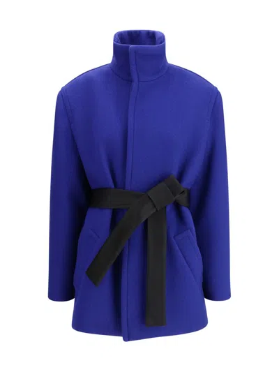 Saint Laurent Belted Silk-trimmed Wool Jacket In Blue