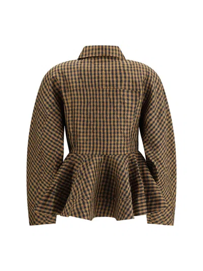 Ganni Crinkled Taffeta Blouse Peplum Check Design In Brown