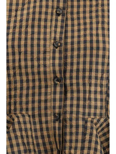 Ganni Crinkled Taffeta Blouse Peplum Check Design In Brown