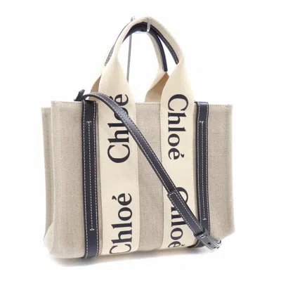 Pre-owned Chloé Blue White Linen Canvas Leather Tote Bag () In Multi