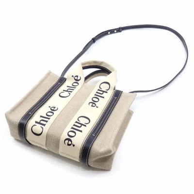 Pre-owned Chloé Blue White Linen Canvas Leather Tote Bag () In Multi