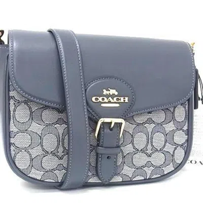 Pre-owned Coach Gray Navy Canvas Leather Handbag Shoulder Bag Tote Bag () In Multi