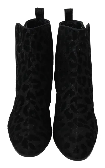 Dolce & Gabbana Black Leopard Short Boots Zipper Women's Shoes In Black