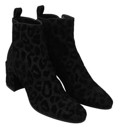 Dolce & Gabbana Black Leopard Short Boots Zipper Women's Shoes In Black