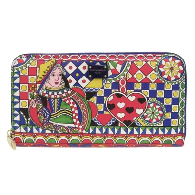 Pre-owned Dolce & Gabbana Blue Multi-color Red Color Leather Long Wallet (bi-fold) ()