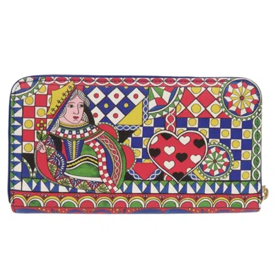 Pre-owned Dolce & Gabbana Blue Multi-color Red Color Leather Long Wallet (bi-fold) ()