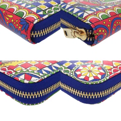 Pre-owned Dolce & Gabbana Blue Multi-color Red Color Leather Long Wallet (bi-fold) ()