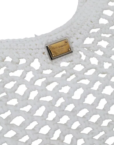 Dolce & Gabbana White Green Knitted Cotton Logo Shopping Tote Women's Bag In White