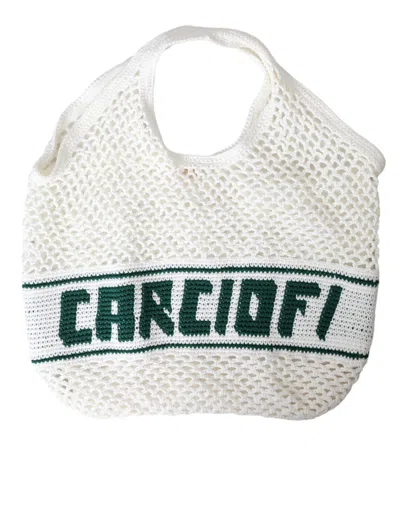 Dolce & Gabbana White Green Knitted Cotton Logo Shopping Tote Women's Bag In White