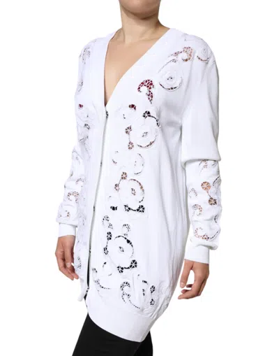 Pre-owned Dolce & Gabbana White Viscose Floral Cut Out Cardigan Women's Sweater ()