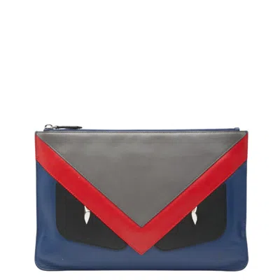 Pre-owned Fendi Blue Gray Red Color Leather Clutch Bag ()