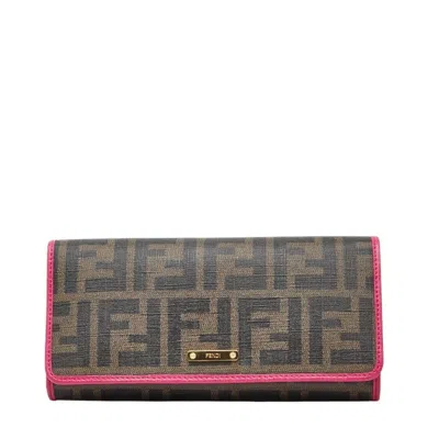 Pre-owned Fendi Brown Pink Pvc Long Wallet (bi-fold) () In Multi