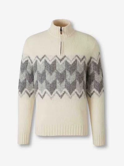 Canali Cream Zippered Mock Neck Sweater With Gray Tones In An Alpaca Blend In Neutral