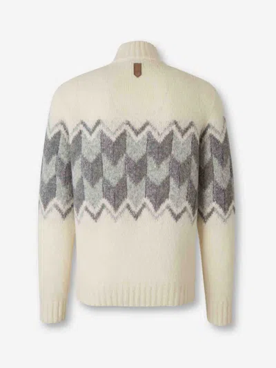 Canali Cream Zippered Mock Neck Sweater With Gray Tones In An Alpaca Blend In Neutral