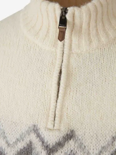 Canali Cream Zippered Mock Neck Sweater With Gray Tones In An Alpaca Blend In Neutral