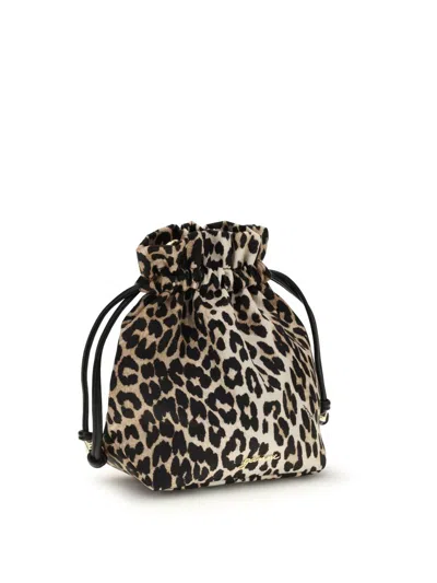 Ganni Bucket Pouch With Leopard Print In Animal Print