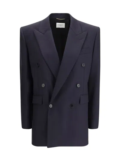 Saint Laurent Long Wool-gabardine Blazer In Blue