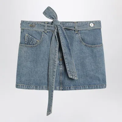 Attico Denim Mini Skirt With Pockets And Belt In Blue