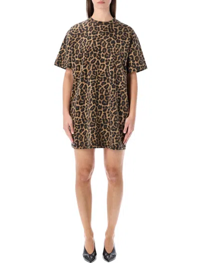 Anine Bing Mini Dress With Animal Print And Short Sleeves In Brown